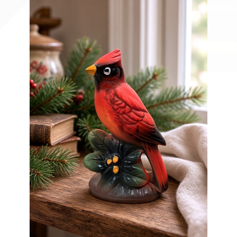Vintage Red Cardinal Bird Ceramic Figurine Hand Painted Songbird Decor